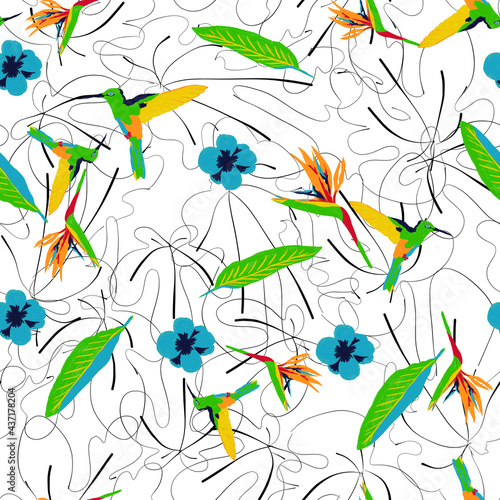 watercolor seamless floral tropical pattern with strelitzia reginae bird of paradise humming bird palm leaves vector hand drawn style print textile composition fashion runway color pallet woman look
