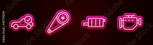Set line Auto service check automotive, Timing belt kit, Car muffler and Check engine. Glowing neon icon. Vector