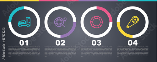 Set line Car transporter truck, Tire pressure gauge, tire wheel and Timing belt kit. Business infographic template. Vector