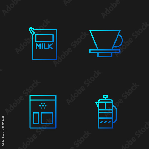 Set line French press, Bag of coffee beans, Paper package for milk and V60 maker. Gradient color icons. Vector