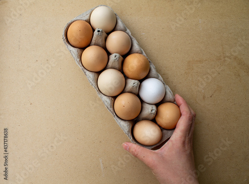 eggs in a package on a brown background. egg packaging a person picks up eggs
