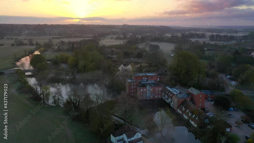 A drone flight from Dedham mill towards the sunrise over Lawford and Manningtree.