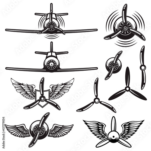 Set of retro airplanes, propellers, wings. Design element for logo, label, sign, poster. Vector illustration
