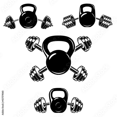 Kettlebell with crossed barbells. Design element for logo, label, sign, poster. Vector illustration