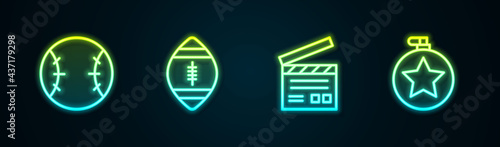 Set line Baseball ball, American Football, Movie clapper and Canteen water bottle. Glowing neon icon. Vector