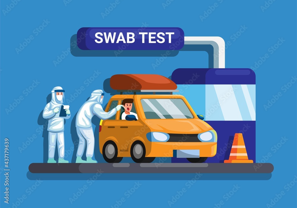 SWAB test on car drive thru illustration concept in flat cartoon vector SWAB test on car drive thru illustration concept in flat cartoon vector