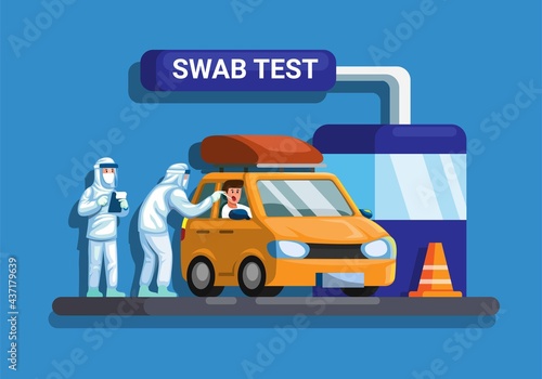 SWAB test on car drive thru illustration concept in flat cartoon vector