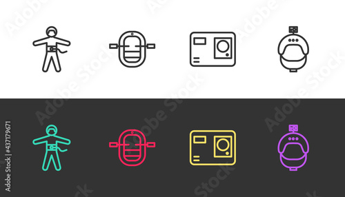 Set line Bungee jumping, Rafting boat, Action extreme camera and Helmet and action on black and white. Vector