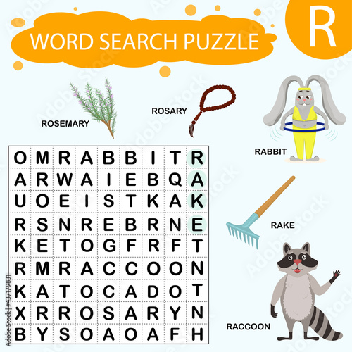 Vector educational game for kids. A puzzle for finding words starting with the letter R