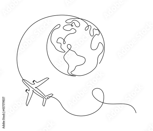 Flying Airplane around Earth globe in one Continuous line drawing. Concept of turism trip and travel. Simple vector illustration in linear style