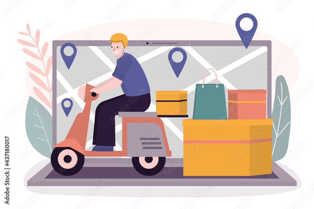 Delivery man delivers parcels to clients. Courier delivering orders on motorcycle. Laptop with map and destination points on screen