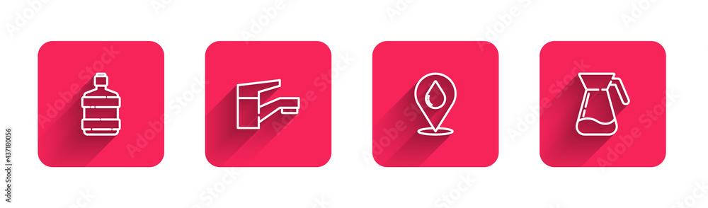 Set line Big bottle with clean water, Water tap, drop location and Jug glass with long shadow. Red square button. Vector Set line Big bottle with clean water, Water tap, drop location and Jug glass with long shadow. Red square button. Vector