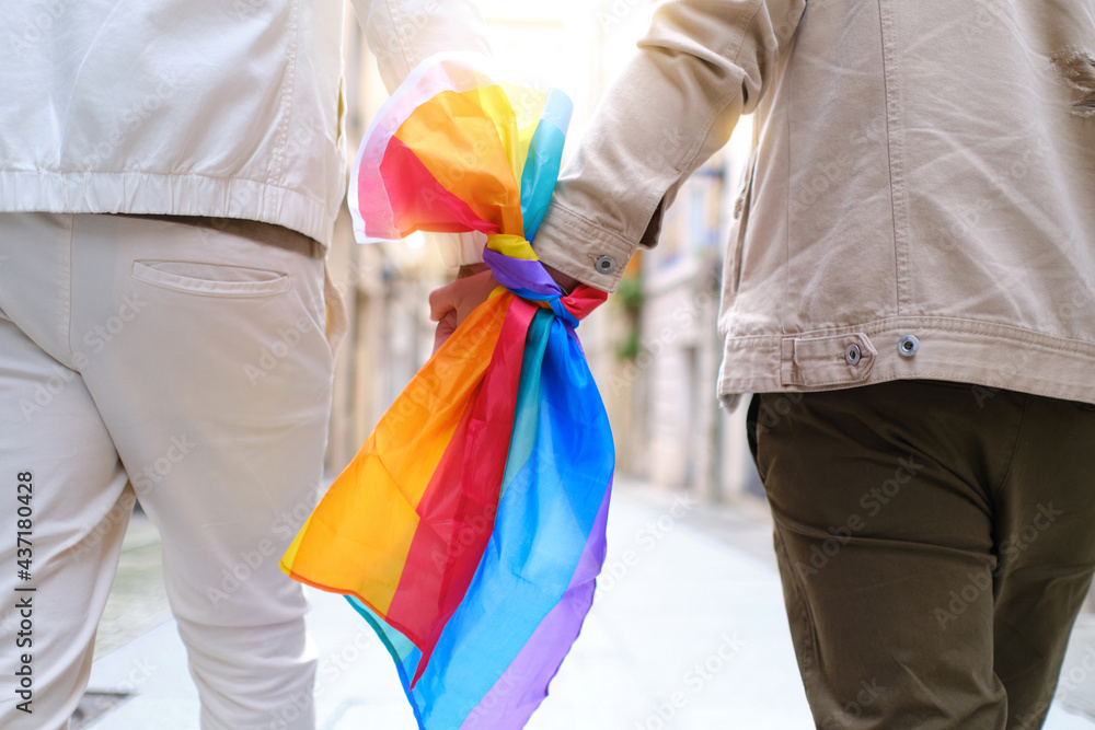 gay couple holding hands with the rainbow flag symbol of the lgbt ...