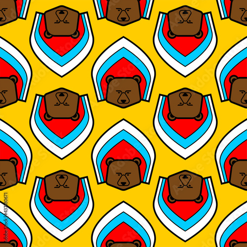 Russian bear in kokoshnik pattern seamless. Russian national cap symbol background. Traditional icon beast of Russia