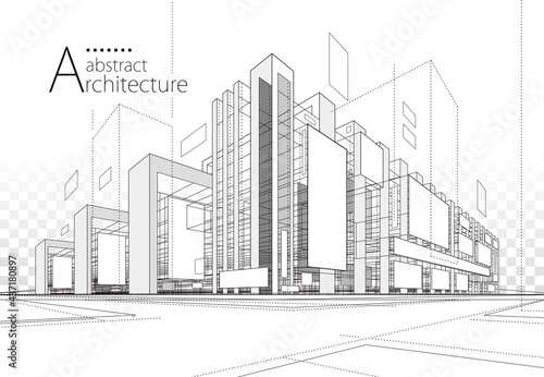3D illustration linear drawing. Imagination architecture urban building design  architecture modern abstract background. 
