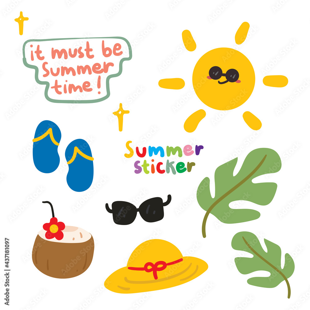 Cute collection of summer sticker set.simple vector  for icon or chat sticker