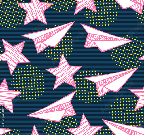 Hand drawn stars and paper planes with small dots. Vector abstract seamless pattern. Background for printing on fabrics and paper