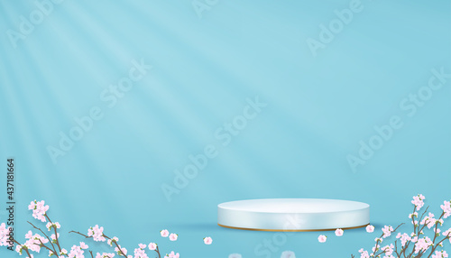 Podium Display with Spring Apple blooming on Blue Sky pastel background,Vector Realistic 3D of White Cylinder Stand platform with pink Cherry blossom branches in Studio Room photo