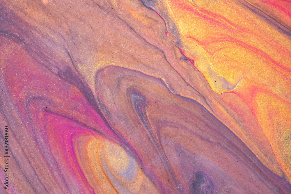 Fototapeta premium Abstract fluid art background purple and golden colors. Liquid marble. Acrylic painting with violet gradient and splash.