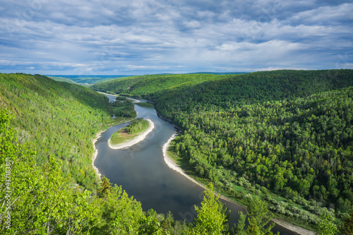 View on the Ristigouche river and New Brunswick from the Belvedere Horizon de Reve  located in St Alexis de Matapedia  in Quebec  Canada 