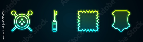 Set line Sewing button and knitting needles, Awl tool, Leather and . Glowing neon icon. Vector