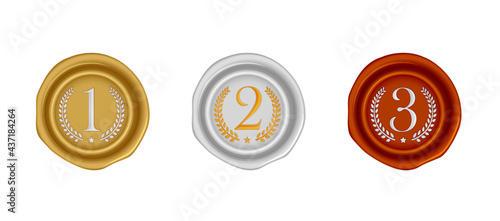 Sealing wax stamp vector illustration set ( number, ranking ) from 1st to 3rd (gold, silver, bronze )
