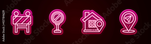Set line Road barrier, Stop sign, Location with house and . Glowing neon icon. Vector