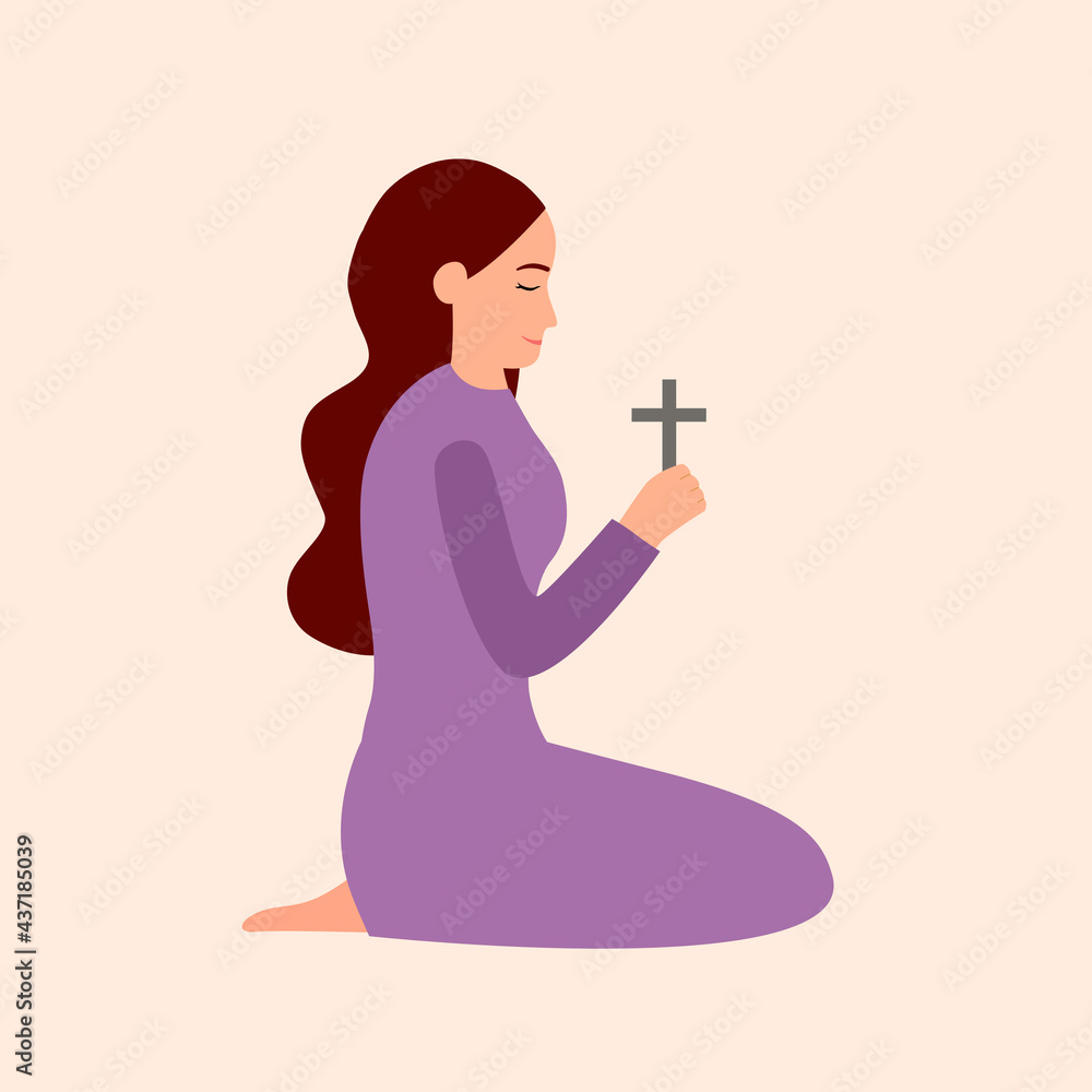 Christian woman holding cross and praying on her knees in flat design. Catholic Christian praying with faith concept. Christian woman holding cross and praying on her knees in flat design. Catholic Christian praying with faith concept.