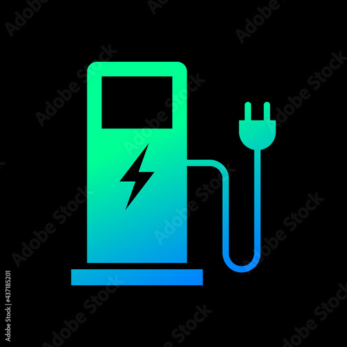 Eco electric fuel pump icon, Charging point station for hybrid cars sign, Isolated on black background, Vector illustration