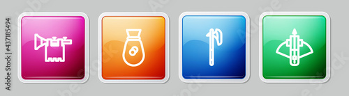 Set line Trumpet with flag, Old money bag, Medieval axe and Battle crossbow arrow. Colorful square button. Vector