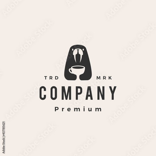 walrus coffee cup hipster vintage logo vector icon illustration
