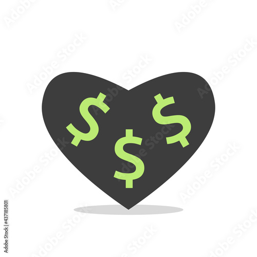 Black heart with dollar signs. Greed, corruption, money, healthcare, consumerism, relationship and love concept. Flat design. EPS 8 vector illustration, no transparency, no gradients