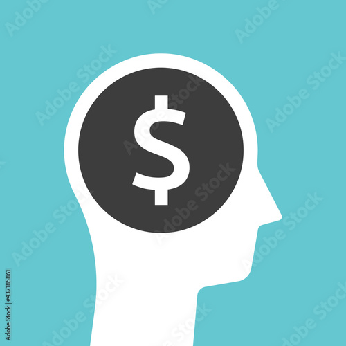 Dollar in head silhouette. Greed, corruption, consumerism, wealth, earnings, investment, money, profit, plan and success concept. Flat design. EPS 8 vector illustration, no transparency, no gradients