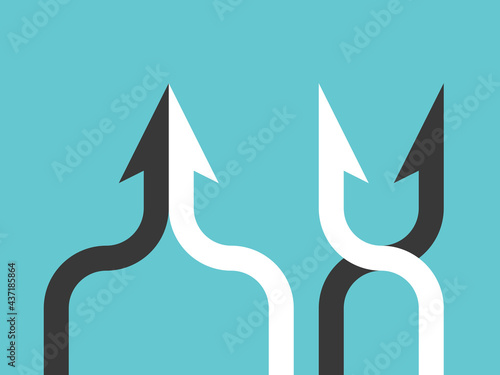 Good, bad teamwork. Black and white halves merging and forming arrow. Partnership, merger, win-win and mutual benefit concept. Flat design. Vector illustration, no transparency, no gradients
