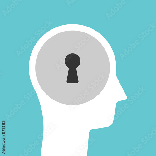 Head silhouette with keyhole of lock. Secret, privacy, fixed mind and psychological defense concept. Flat design. EPS 8 vector illustration, no transparency, no gradients