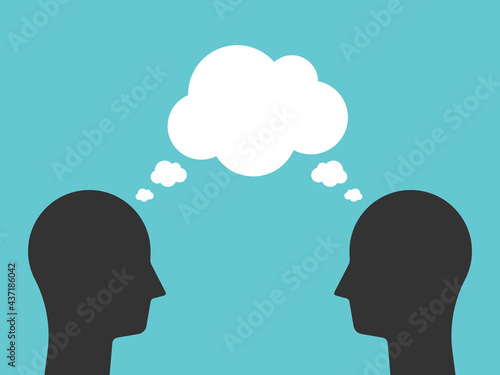 Two heads with common speech bubble thinking together. Teamwork, synergy, creativity, idea, brainstorming and communication concept. Flat design. EPS 8 vector illustration, no transparency, no gradien