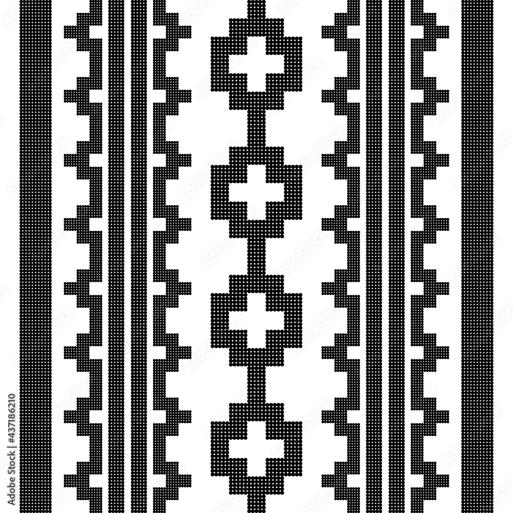 Geometric shapes from points. Digital ornament. Border. Halftone. Seamless pattern. Textile. Ethnic boho ornament. Vector illustration for web design or print.