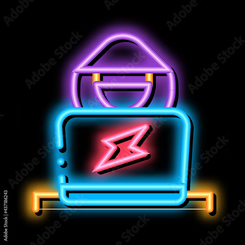 Hacker neon light sign vector. Glowing bright icon Hacker sign. transparent symbol illustration