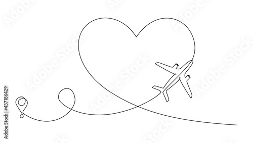 Love airplane route in one Continuous line drawing. Concept of Romantic vacation turism and travel. Hearted plane path. Simple vector illustration in linear style