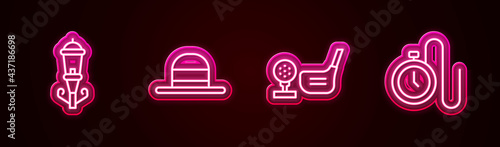 Set line Vintage street light, Elegant women hat, Golf club with ball on tee and Watch chain. Glowing neon icon. Vector