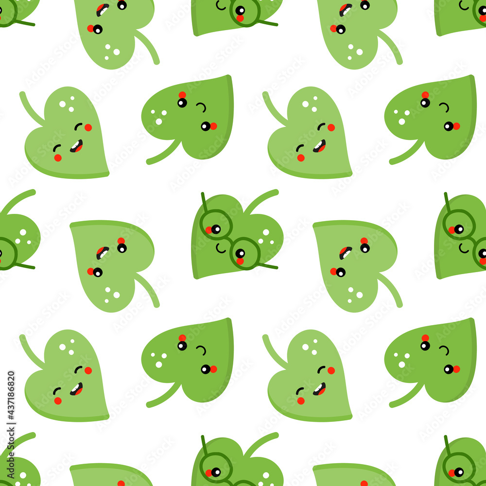 Cute and happy cartoon style green leaves characters vector seamless pattern background. Cute and happy cartoon style green leaves characters vector seamless pattern background.