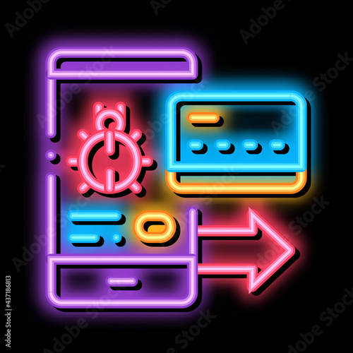 Virus on Phone and Credit Card neon light sign vector. Glowing bright icon Virus on Phone and Credit Card sign. transparent symbol illustration