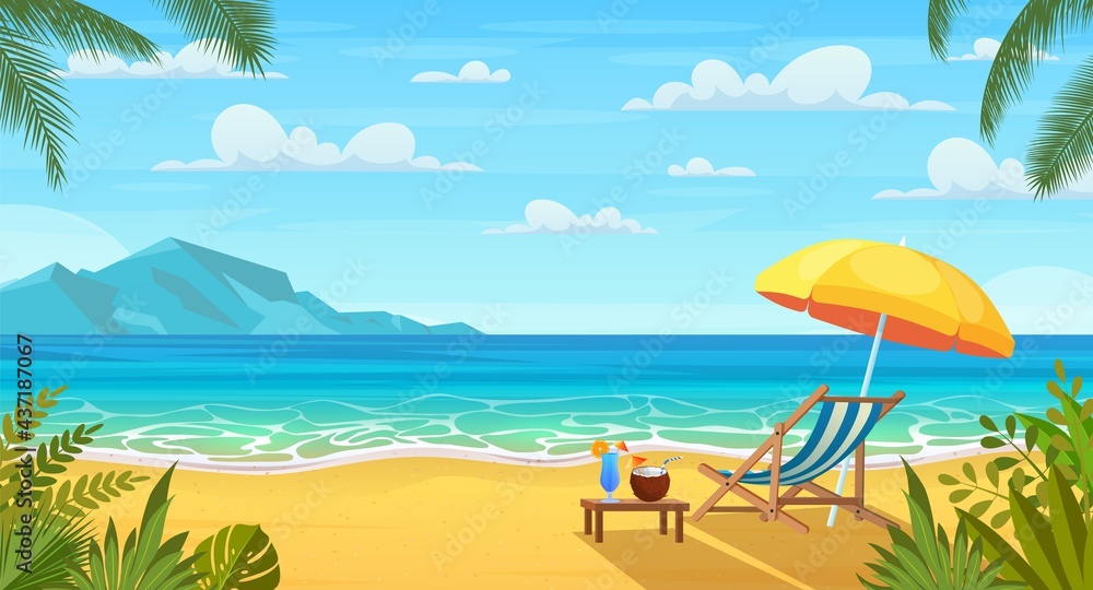 Summer tropical beach with sun loungers