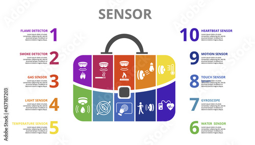 Infographic Sensor template. Icons in different colors. Include Water Quality Sensor, Flame Detector, Smoke Detector, Alcohol Sensor and others.