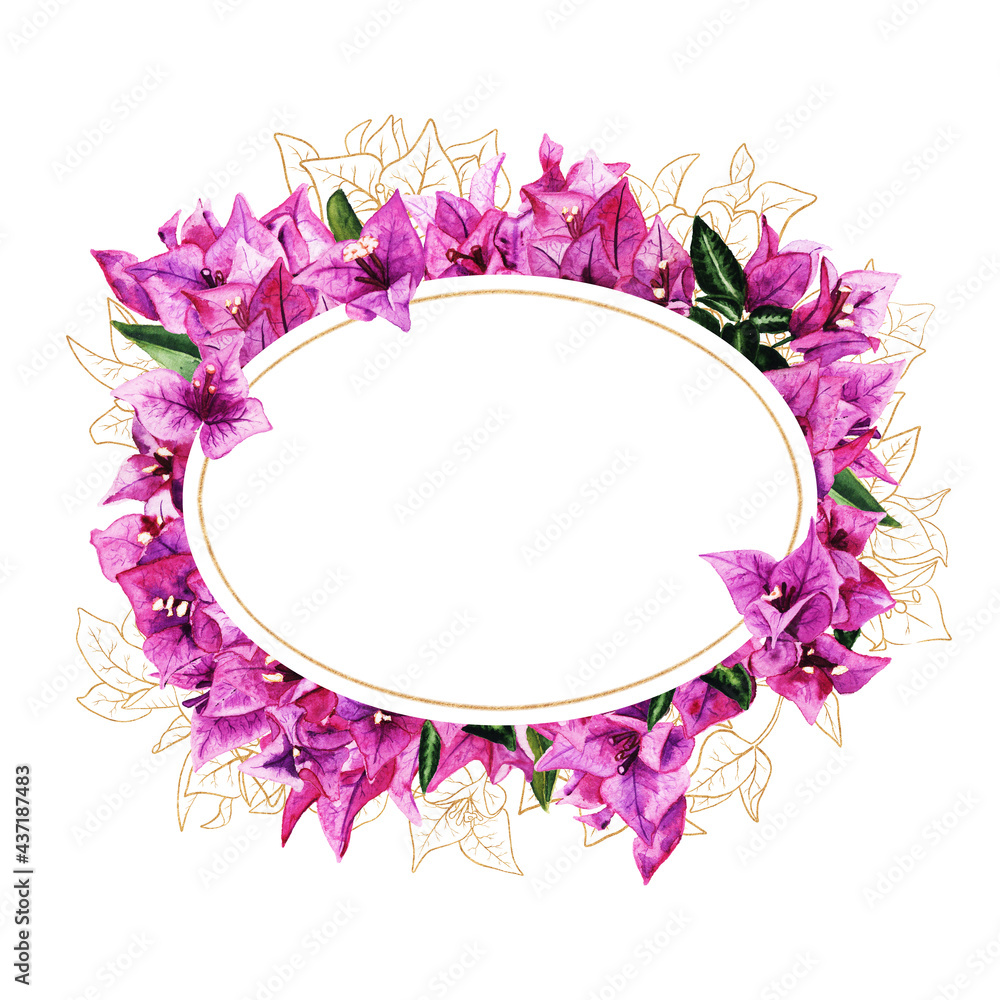 Frame with watercolor and golden bougainvillea flowers Frame with watercolor and golden bougainvillea flowers