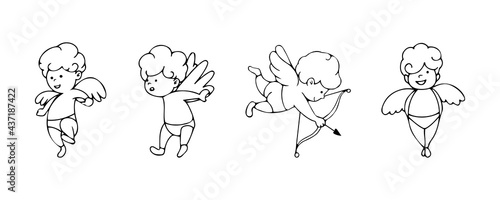 Set of cupids in cartoon sketch style isolated on the background. Simple collection of doodles with cupids. Outline vector illustration for Valentine's Day.