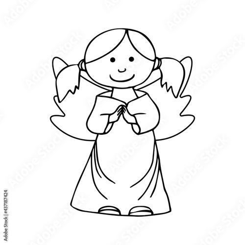 Angel girl in cartoon sketch style isolated on the background. Doodle hand drawing with a little girl with wings. Outline vector illustration for Christmas or Valentine's Day
