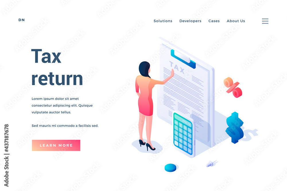 Tax return. Isometric landing page template. Income tax filling. Woman filling tax form. Revenue declaration. Web banner. Vector illustration
