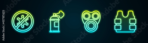 Set line Protest, Paint spray can, Gas mask and Bulletproof vest. Glowing neon icon. Vector