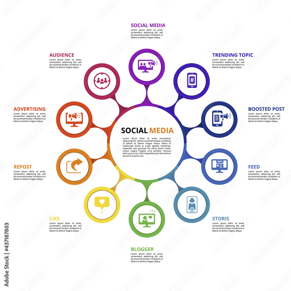 Infographic Social Media template. Icons in different colors. Include Like, Audience, Boosted Post, Feed and others.